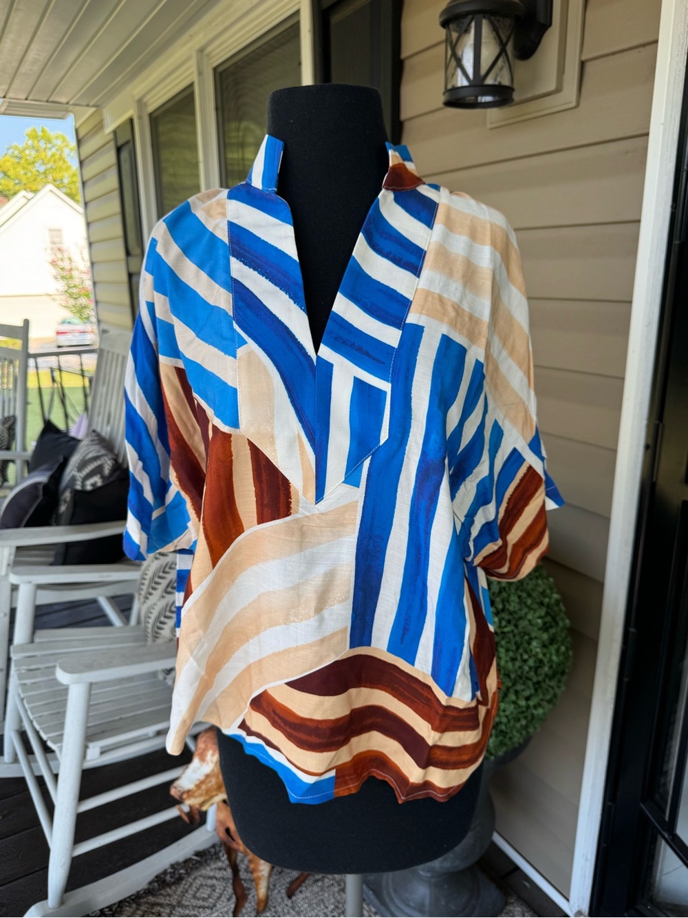 entro Bold Striped V-Neck Top in Blue, Cream & Brown